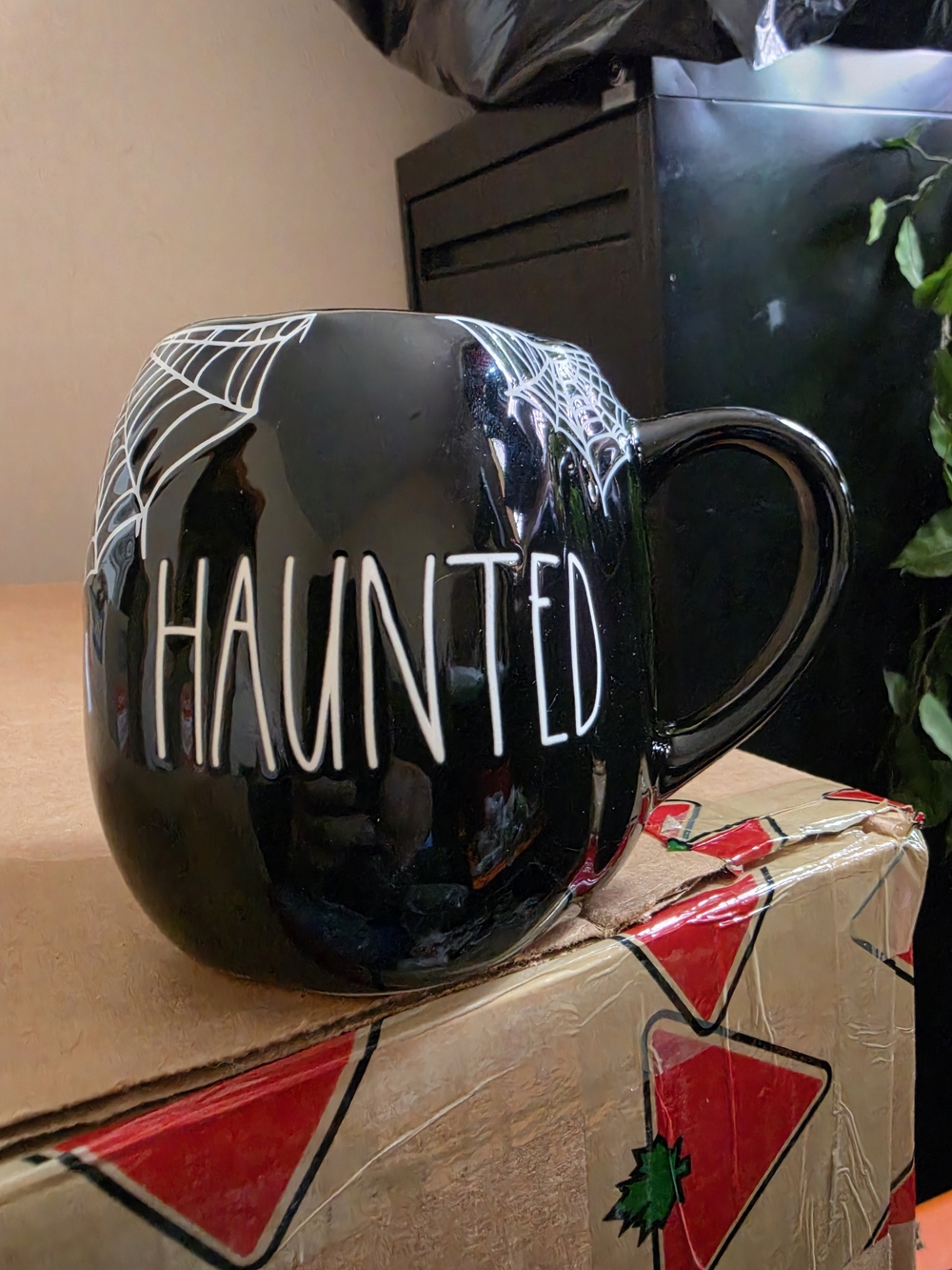 Rae Dunn Black 'HAUNTED'  Mug with White Spiderwebs